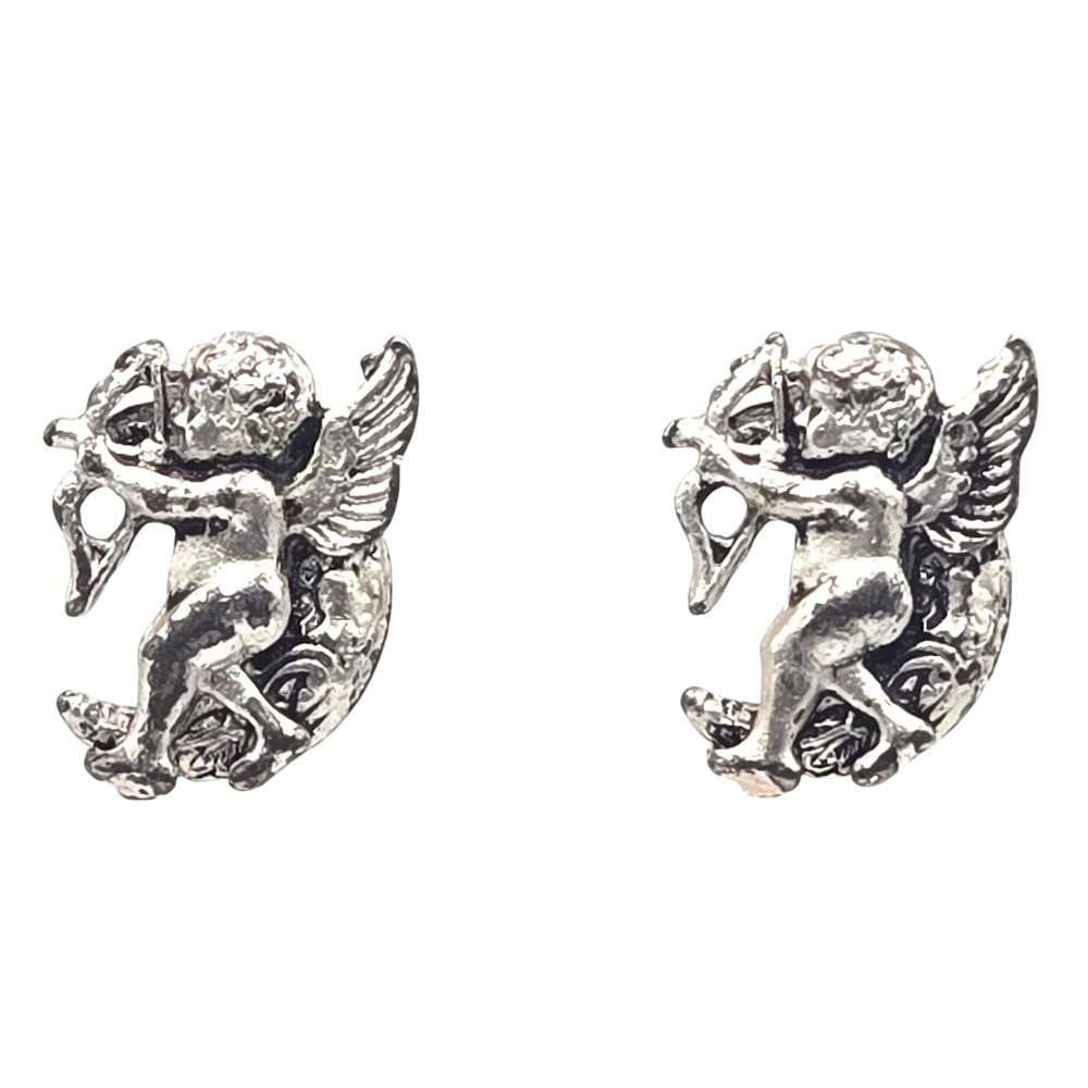 Cherub Cupid Arrow Crescent Moon Earrings Silver Tone Angel Celestial Post